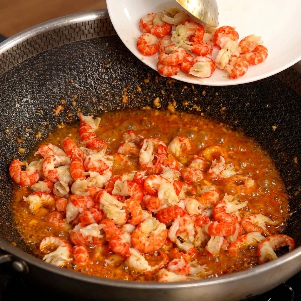 Blanchierte Flusskrebs-Schwänze werden in eine köchelnde, rote Knoblauchsauce gegossen.