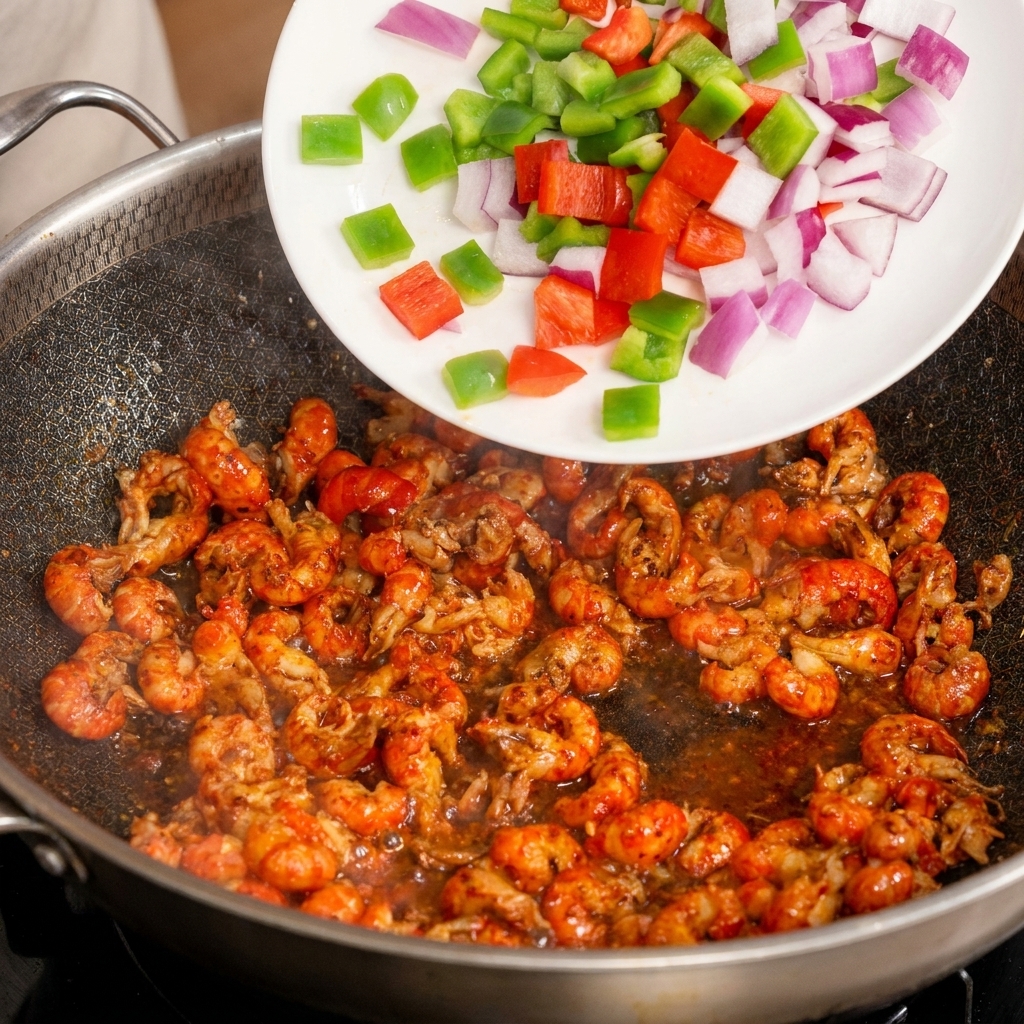 Gewürfelte bunte Paprika und rote Zwiebeln werden zu den Flusskrebsen in den Wok gegeben.