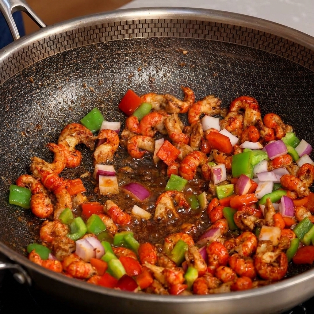 Nahaufnahme von Flusskrebsen, Paprika und Zwiebeln im Wok, bereit zum Würzen.