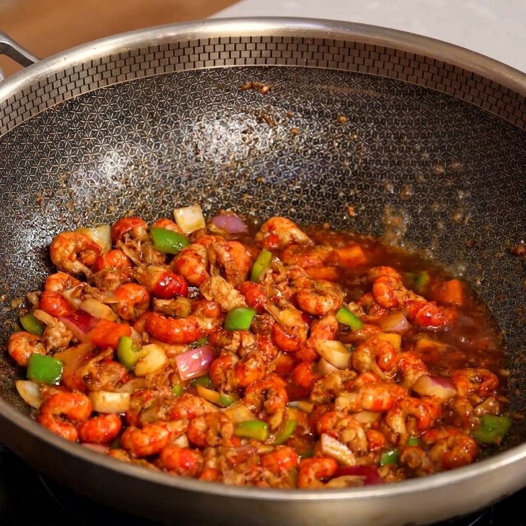 Gelber Kochwein wird am heißen Rand des Woks entlang zu der Mischung gegossen.