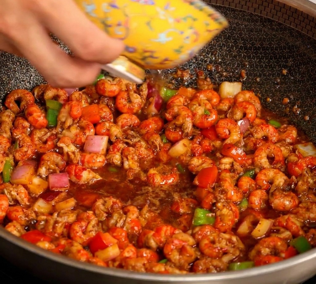 Wasser wird aus einer gemusterten Schüssel in den heißen Wok mit Krebse und Gemüse gegossen.