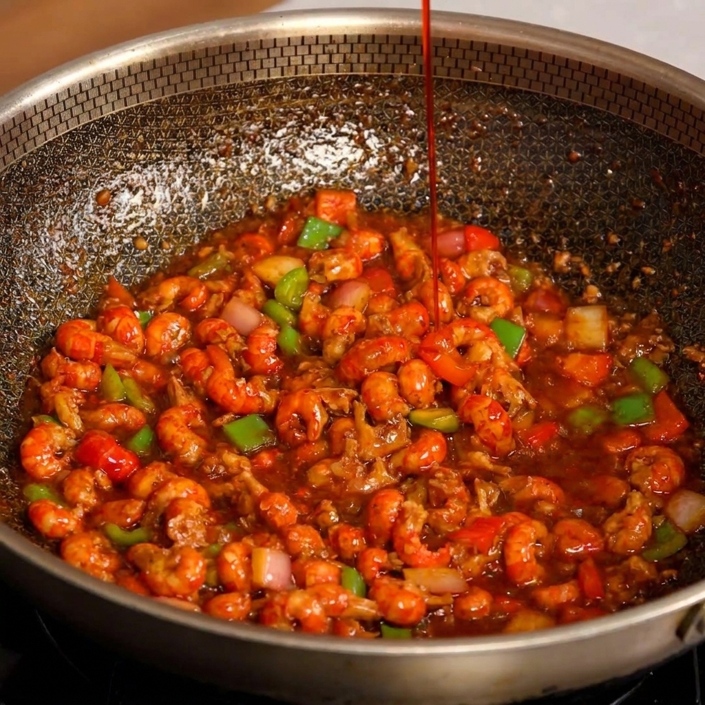 Ein Strahl leuchtend rotes Chiliöl wird über die fertigen Flusskrebse im Wok geträufelt.
