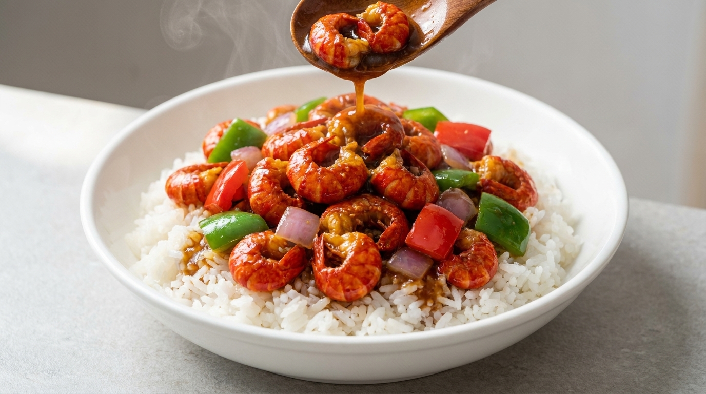 Eine großzügige Portion scharfer Flusskrebs-Schwänze mit buntem Paprika und herzhafter Sauce auf gedämpftem weißem Reis.