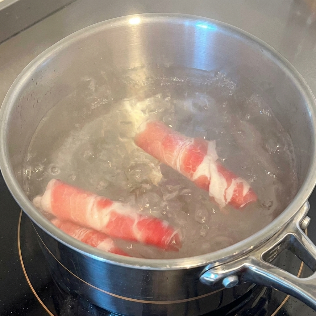 Dünne Rindfleischscheiben werden in einen Topf mit sprudelnd kochendem Wasser gegeben.