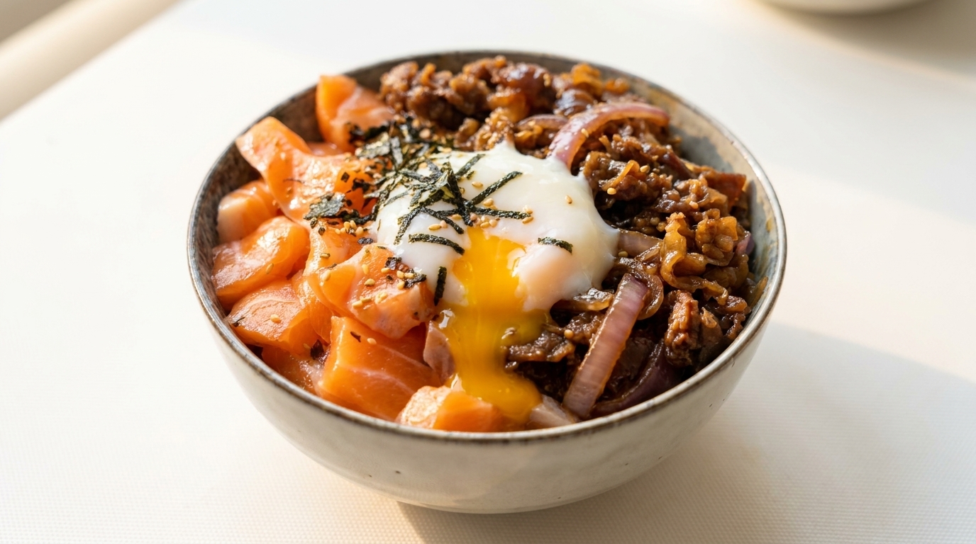 Lachs & Rindfleisch Donburi mit Onsen-Ei