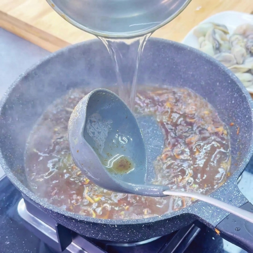 Klares, heißes Wasser wird aus einer Kelle in eine Pfanne mit einer simmernden braunen Saucenbasis gegossen.