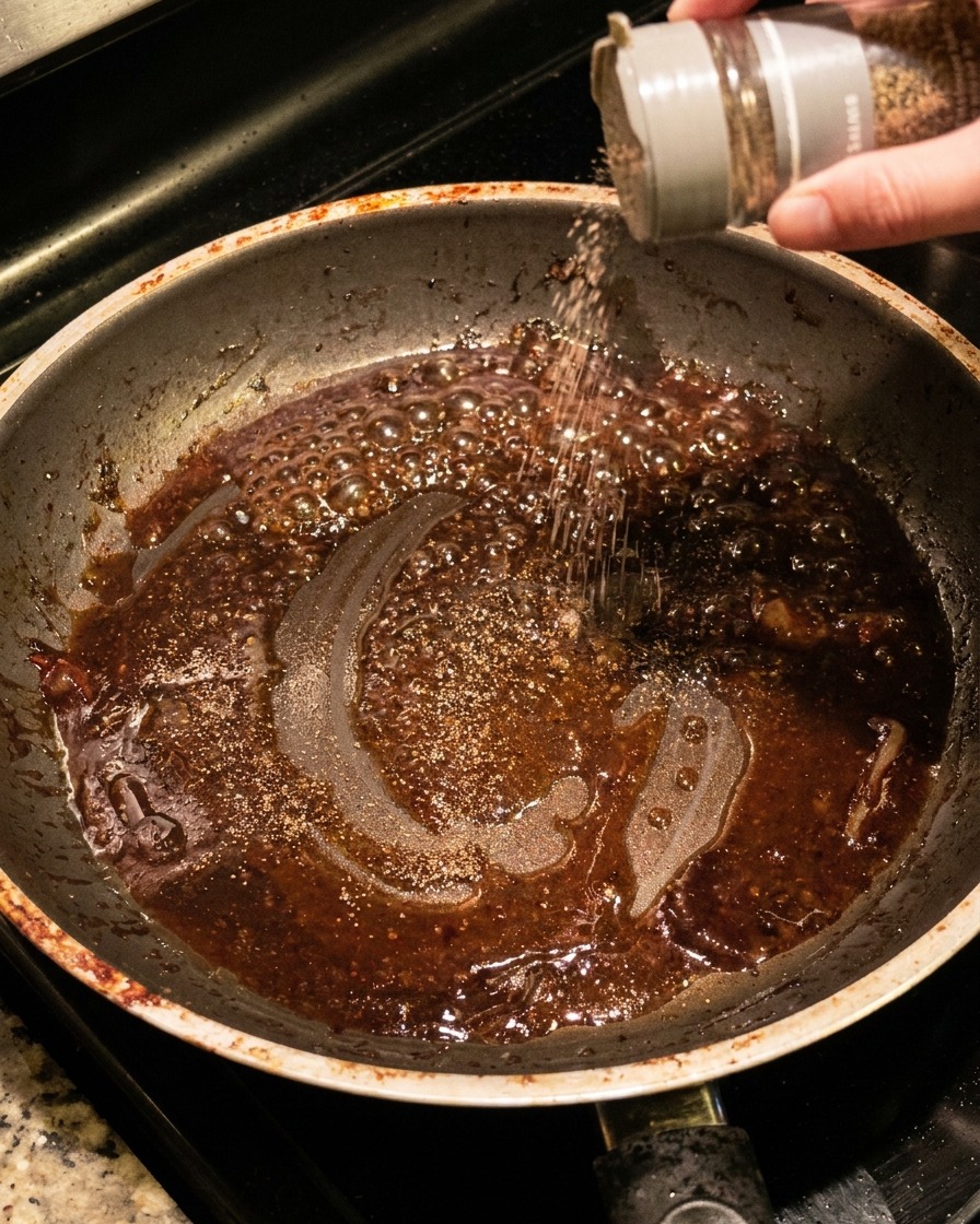 Frischer schwarzer Pfeffer wird in die blubbernde Sauce in der Pfanne gemahlen.