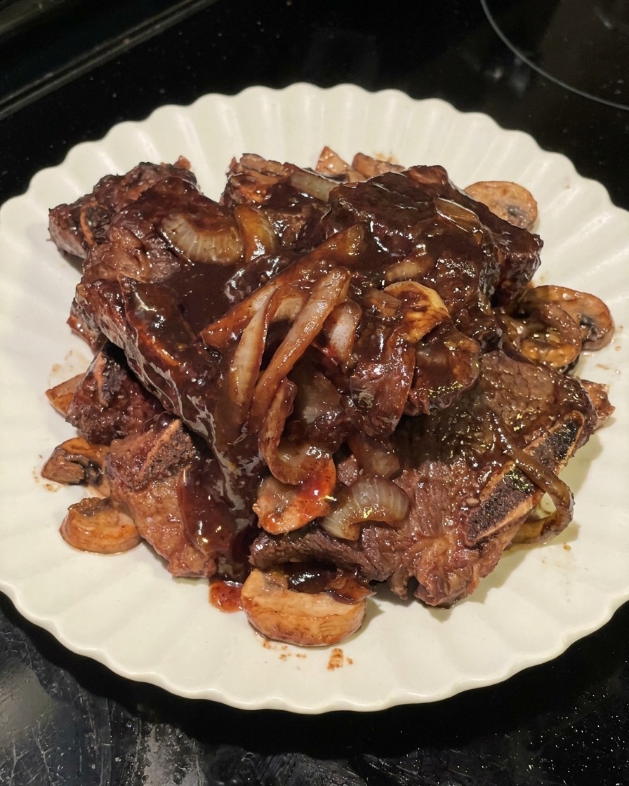 Koreanische BBQ-Rinderrippchen mit Pilzen und Zwiebeln auf einem weißen Teller, überzogen mit dunkler Sauce.