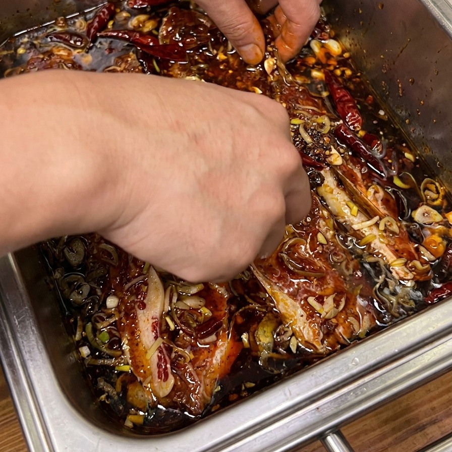 Zwei Hände mischen das Fleisch kräftig mit der dunklen Marinade und den Zwiebeln.
