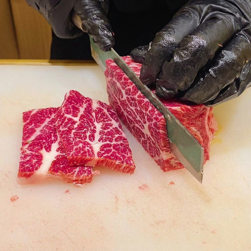 Nahaufnahme eines scharfen Messers, das einen marmorierten Block rohes Rindfleisch in gleichmäßige, dünne Scheiben schneidet.