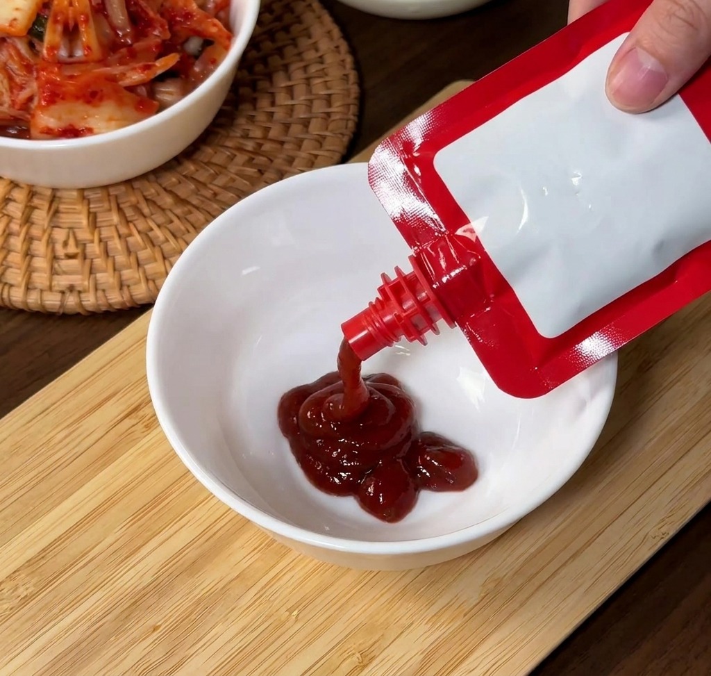 Eine Hand drückt leuchtend rote koreanische Chilipaste aus einem Beutel in eine weiße Keramikschale.