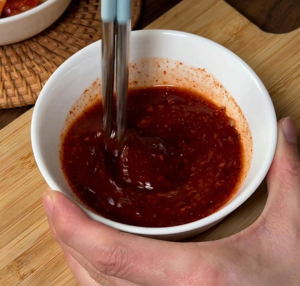 Hellblaue Essstäbchen rühren eine dunkelrote, texturierte Sauce in einer weißen Schüssel um.