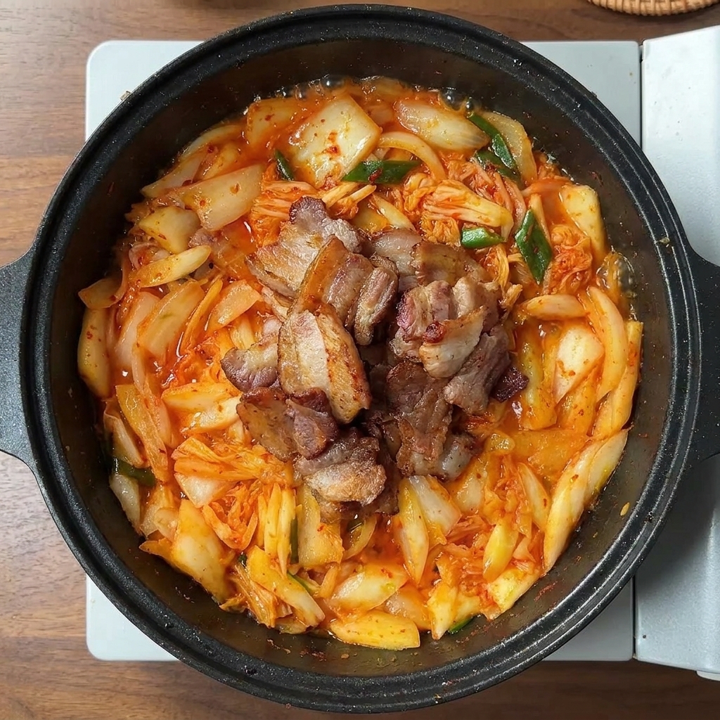 Knusprig gebratener Schweinebauch liegt auf einem Bett aus Kimchi und Zwiebeln in einer schwarzen Pfanne.