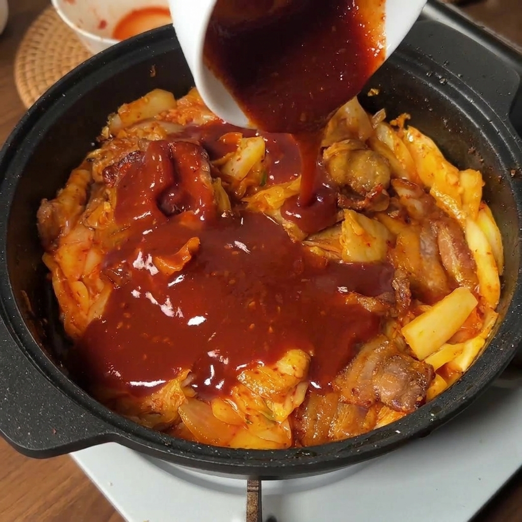 Eine dicke, leuchtend rote koreanische Sauce wird über Schweinebauch und Kimchi in der Pfanne gegossen.