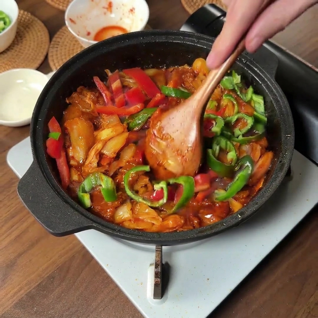 Grüne und rote Chilistreifen werden zum pfannengerührten Fleisch und Kimchi gegeben.