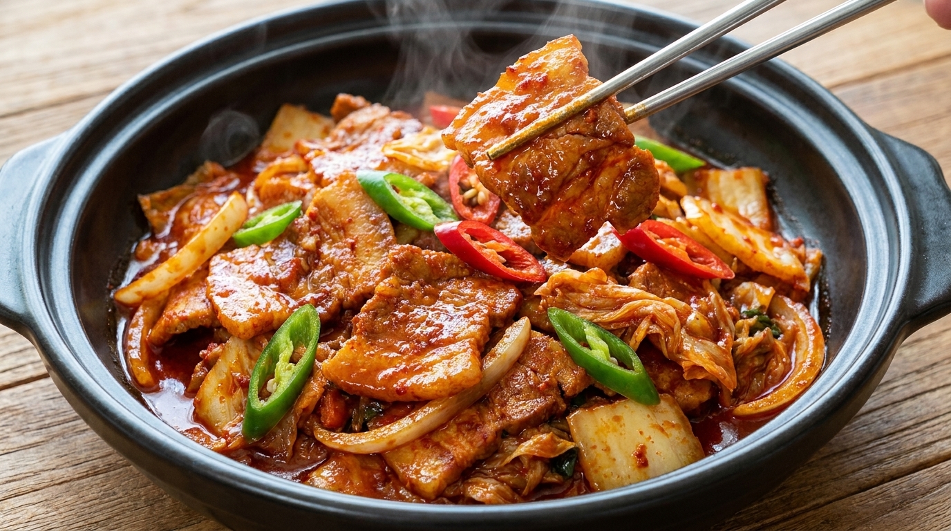 Authentisches Jeyuk Bokkeum: Scharfer koreanischer Schweinebauch mit Kimchi