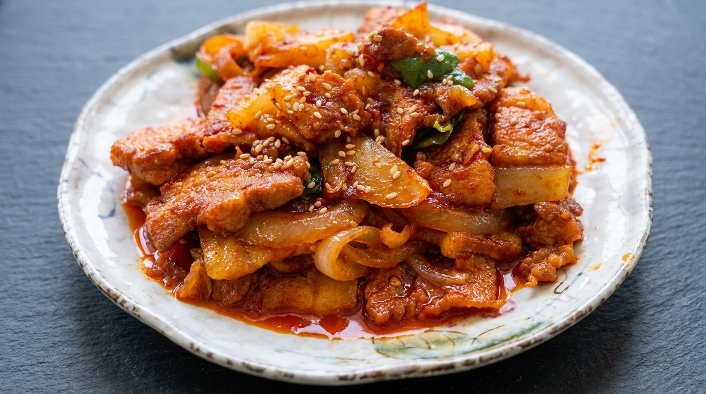 Authentisches Jeyuk-bokkeum: Würziges koreanisches Schweinefleisch