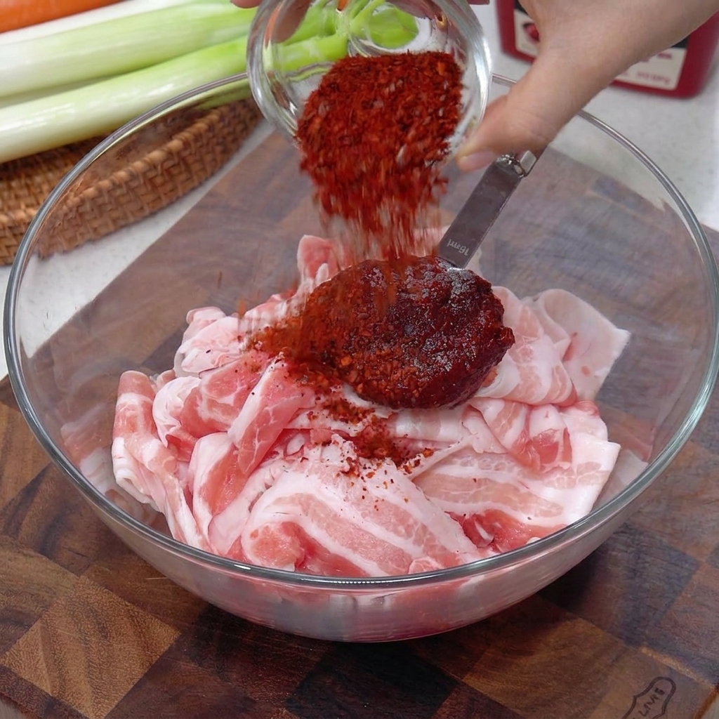 Nahaufnahme von roter Chilipaste und Gewürzen, die zu dünn geschnittenem Schweinebauch in einer Glasschüssel gegeben werden.