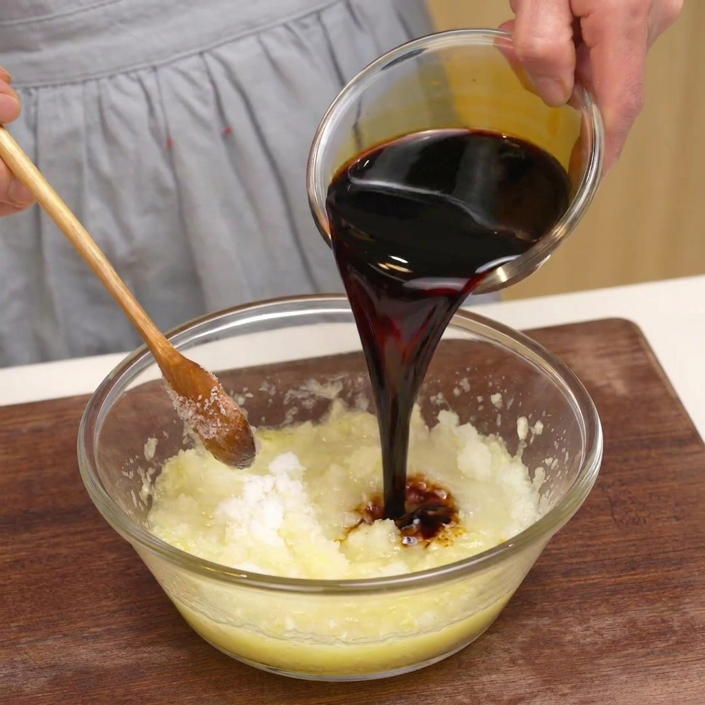 Dunkle Sojasauce wird aus einer kleinen Glasschale in eine größere Schüssel mit hellem Fruchtmark und Zucker gegossen.