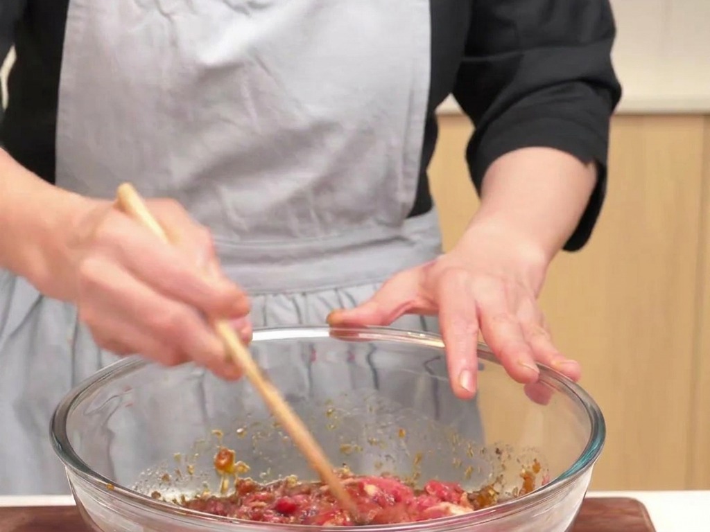 Ein Holzlöffel vermengt rohe Fleischscheiben mit einer dunklen Marinade in einer großen Schüssel.
