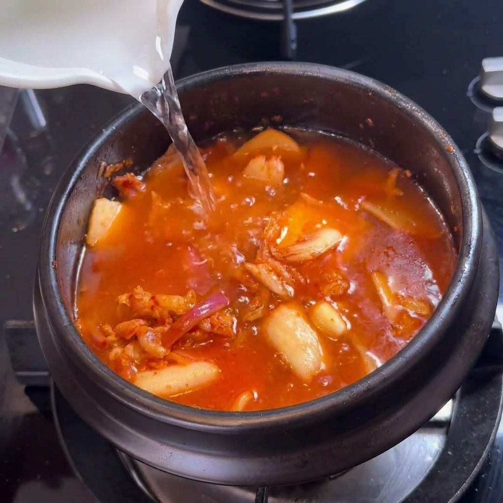 Klares Wasser wird aus einem Krug in den Topf mit Kimchi und Fleisch gegossen.