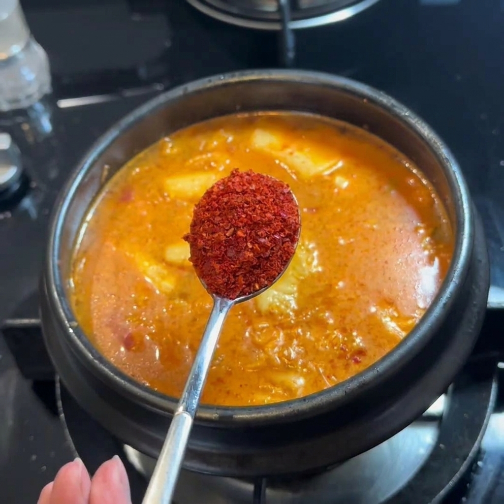 Ein Löffel mit leuchtend rotem koreanischem Chilipulver wird in die Suppe gerührt.