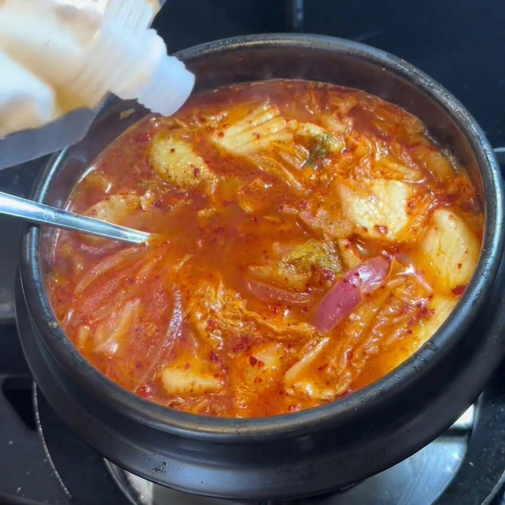Weißer Zucker wird in die rote Kimchi-Suppe im dunklen Topf gestreut.