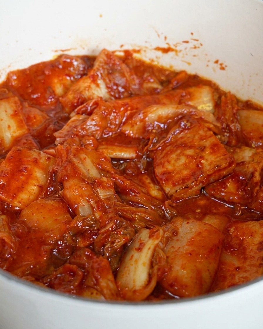 Nahaufnahme von gehacktem Kimchi und Schweinebauchstücken, die in einem beigen Topf in roter Chilisauce sautiert werden.