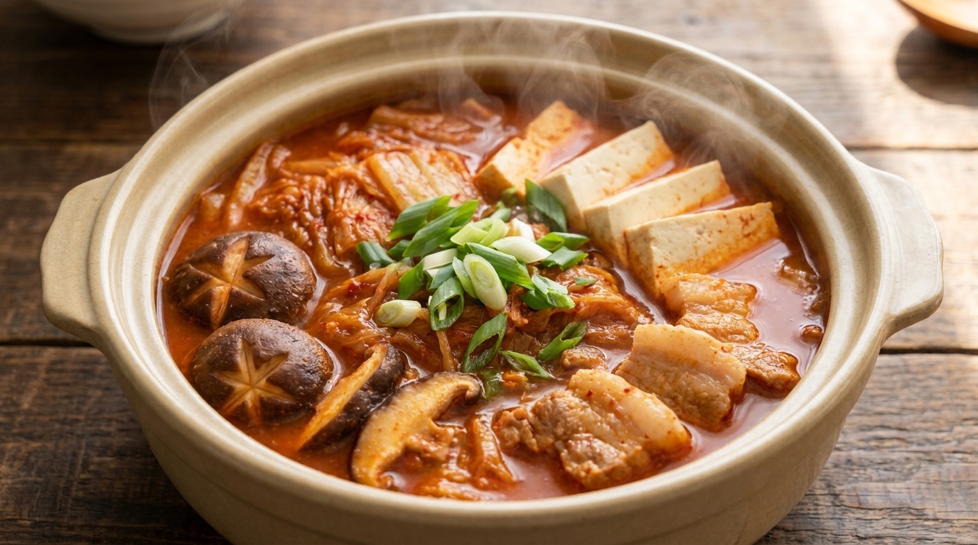 Ein dampfender Tontopf mit Kimchi-jjigae, zartem Schweinebauch, frischem Tofu und Shiitake-Pilzen.