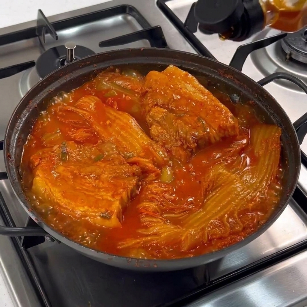 Ein Schuss goldenes Öl wird über den fertigen, blubbernden Kimchi-Eintopf gegossen.