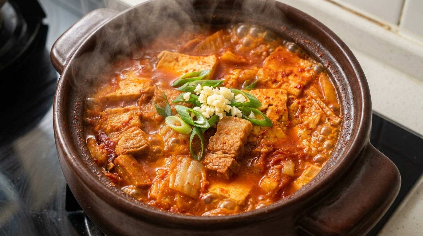 Authentisches Kimchi-jjigae mit Schweinebauch (Koreanischer Eintopf)