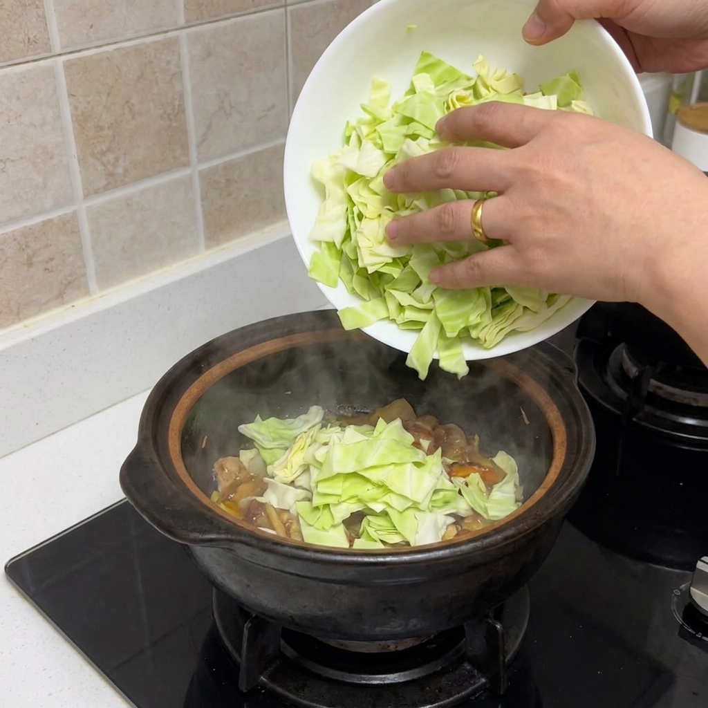 Frischer, gehackter Weißkohl wird aus einer weißen Schüssel zu den angebratenen Zwiebeln und Pilzen geschüttet.