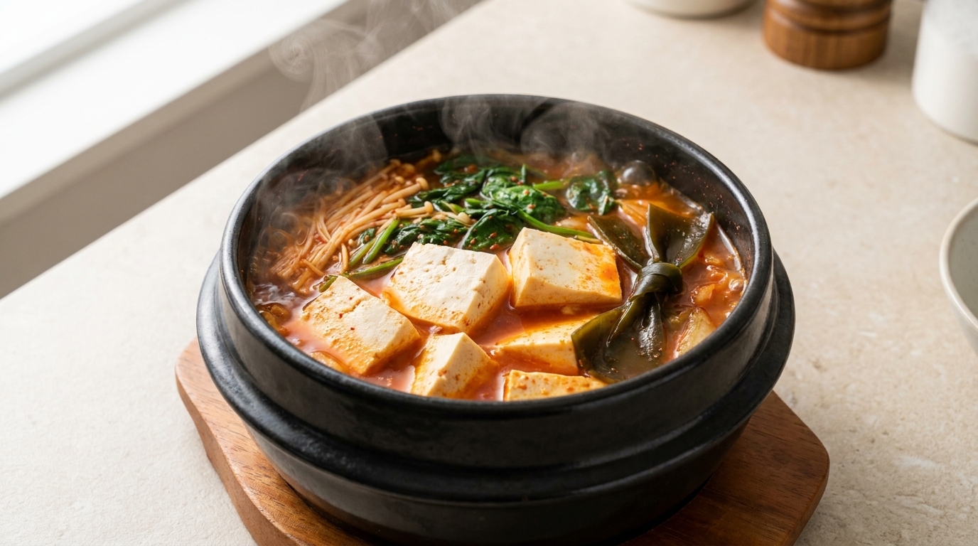 Schnelle vegetarische Kimchi-Tofu-Suppe (Kimchi-Jjigae)