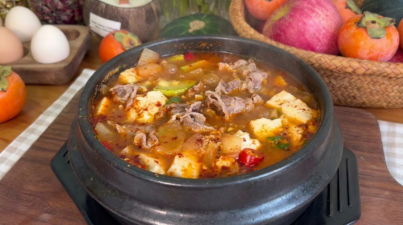 Ein dampfender Tontopf mit Doenjang-jjigae, verfeinert mit seidigem Tofu, zartem Rindfleisch und Zucchini in einer würzigen Sojabohnenbrühe