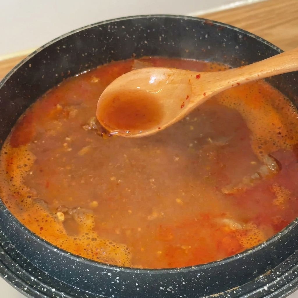 Ein Holzlöffel mit klarer Fischsauce wird in eine köchelnde rote Suppenbasis getaucht.