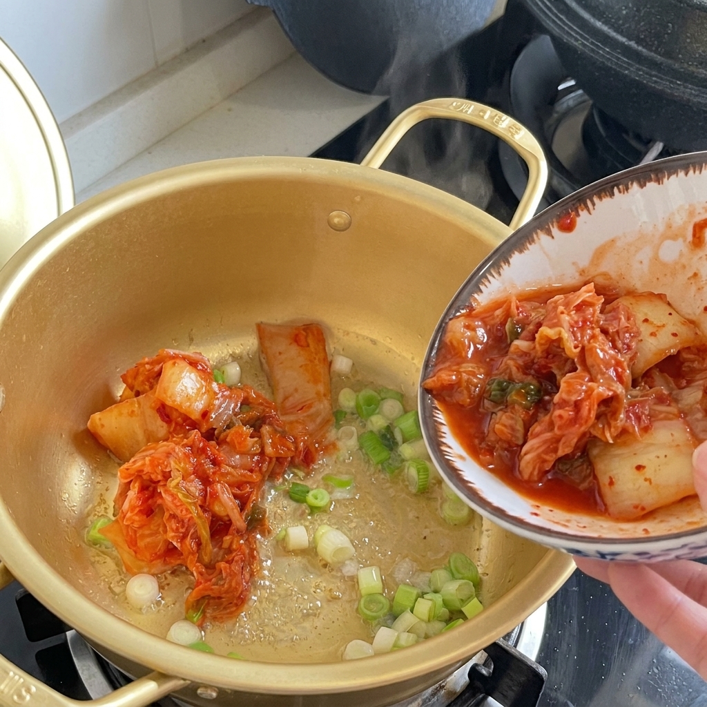 Eine Person gibt mit Stäbchen geschnittenes Kimchi aus einer weißen Schüssel in einen goldenen Topf.