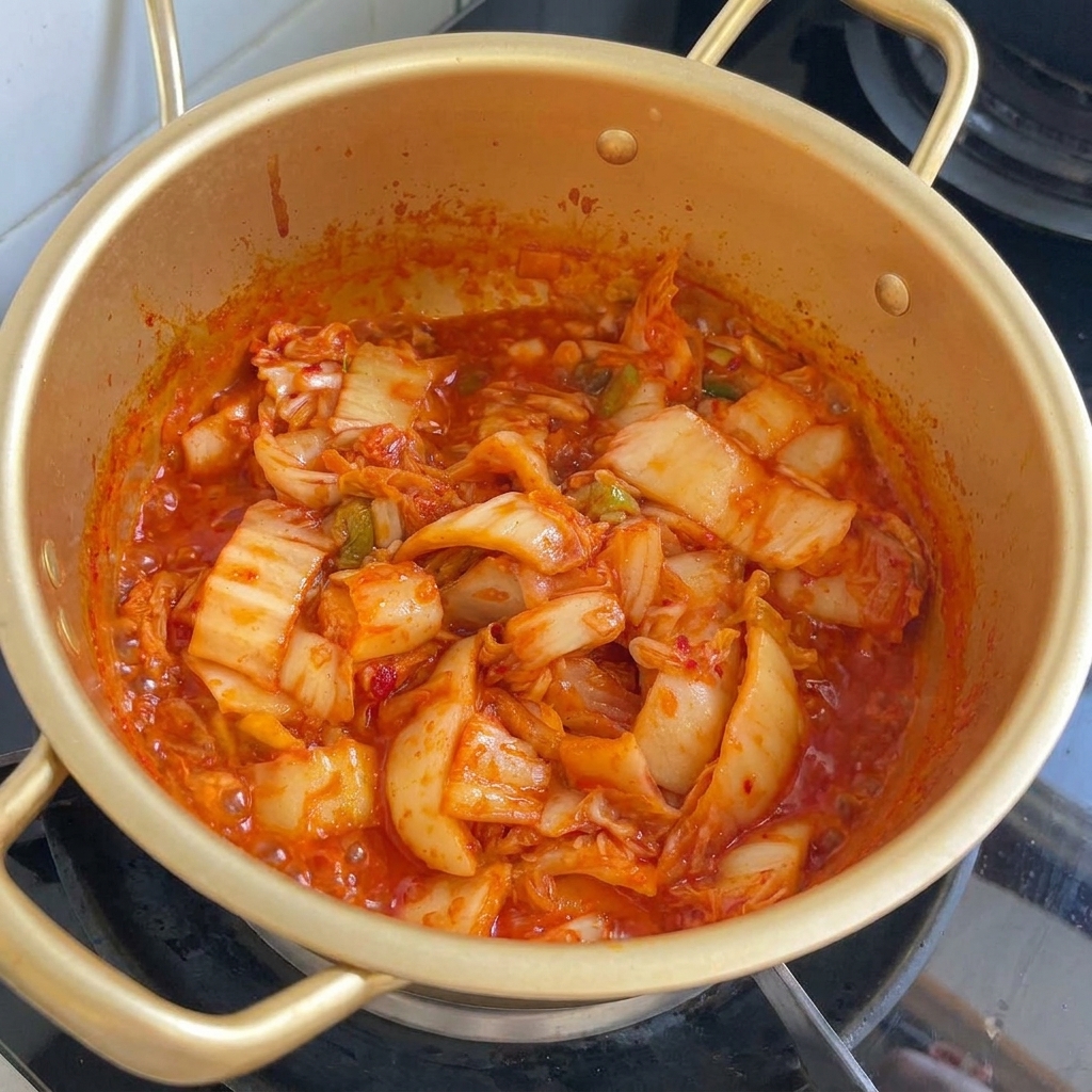 Dunkle Sojasauce wird über die köchelnde Kimchi-Mischung in einem goldenen Topf gegossen.