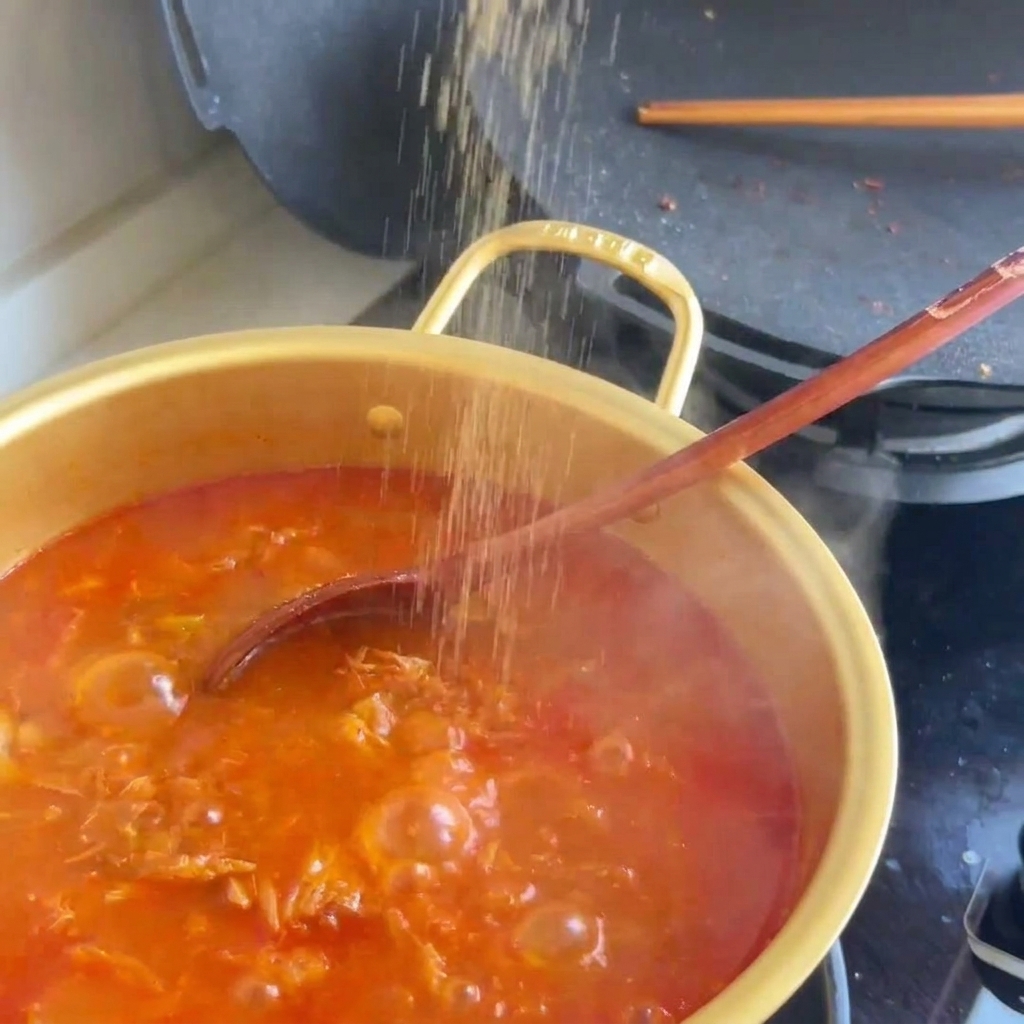 Verquirlte Eier werden auf eine heiße schwarze Grillplatte gegossen und zu Rührei verarbeitet.