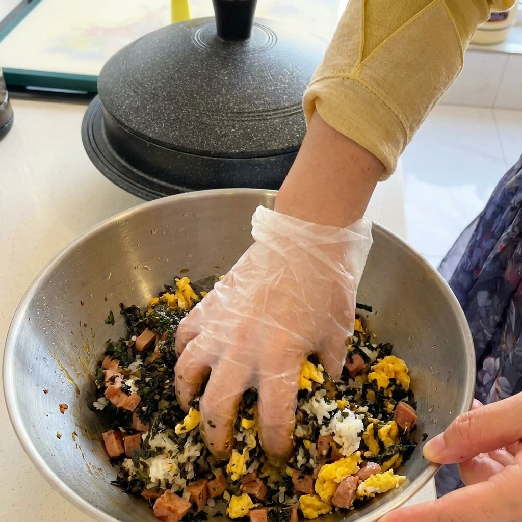 Frisch gehackte Frühlingszwiebeln werden über den kochenden roten Kimchi-Thunfisch-Eintopf gestreut.