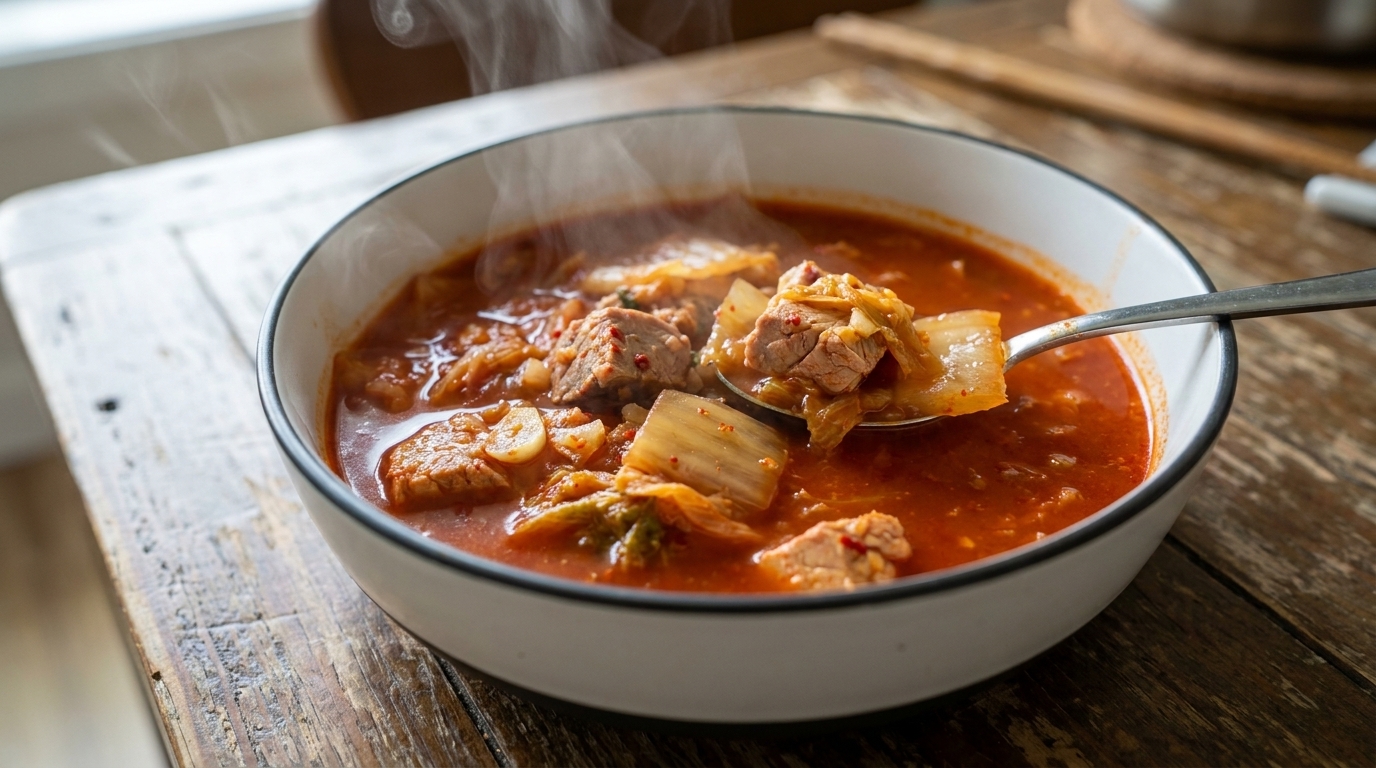 Koreanischer Thunfisch-Kimchi-Eintopf mit herzhaften Reisbällchen (Chamchi Kimchi Jjigae)
