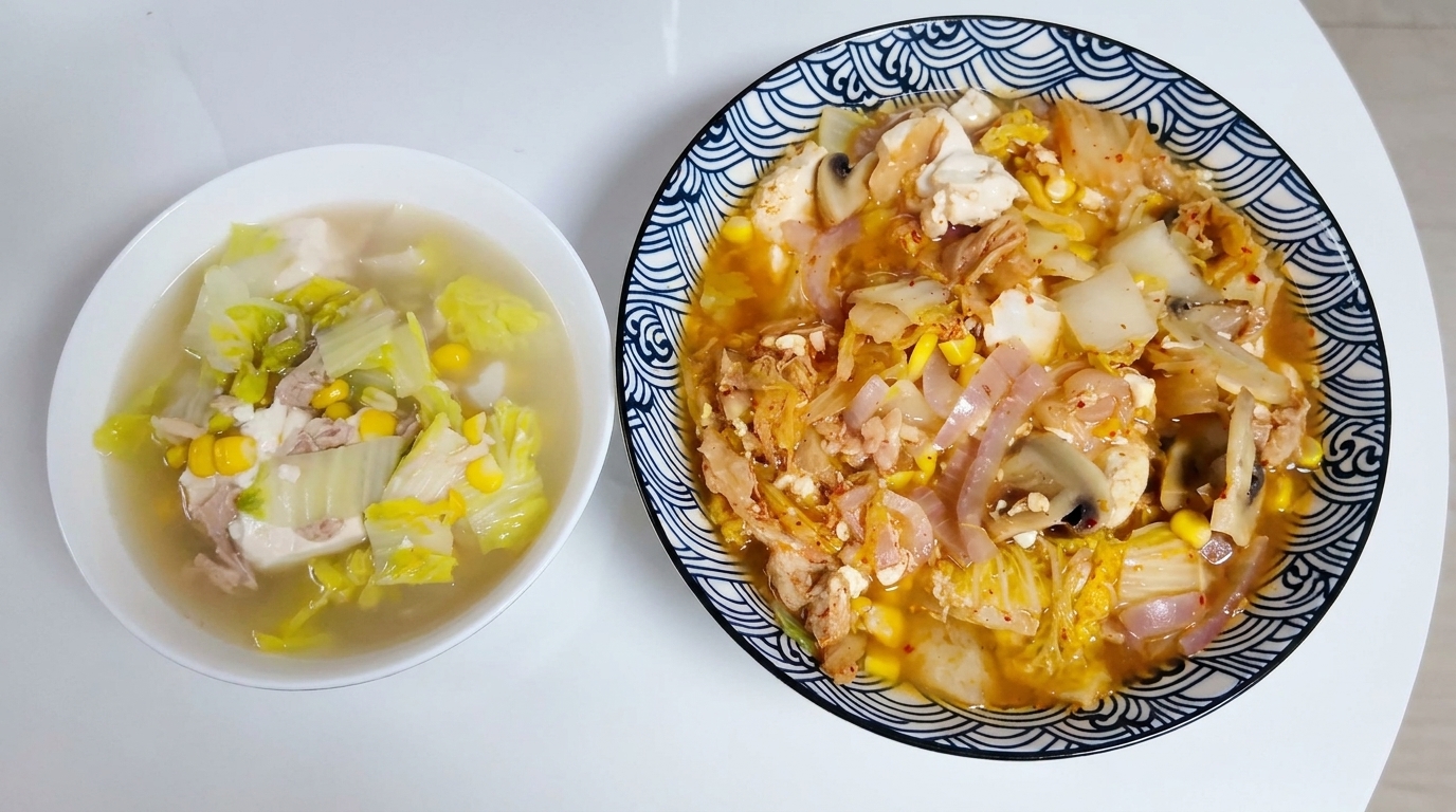 Gesunde Thunfisch-Kimchi-Suppe mit Tofu und Mais