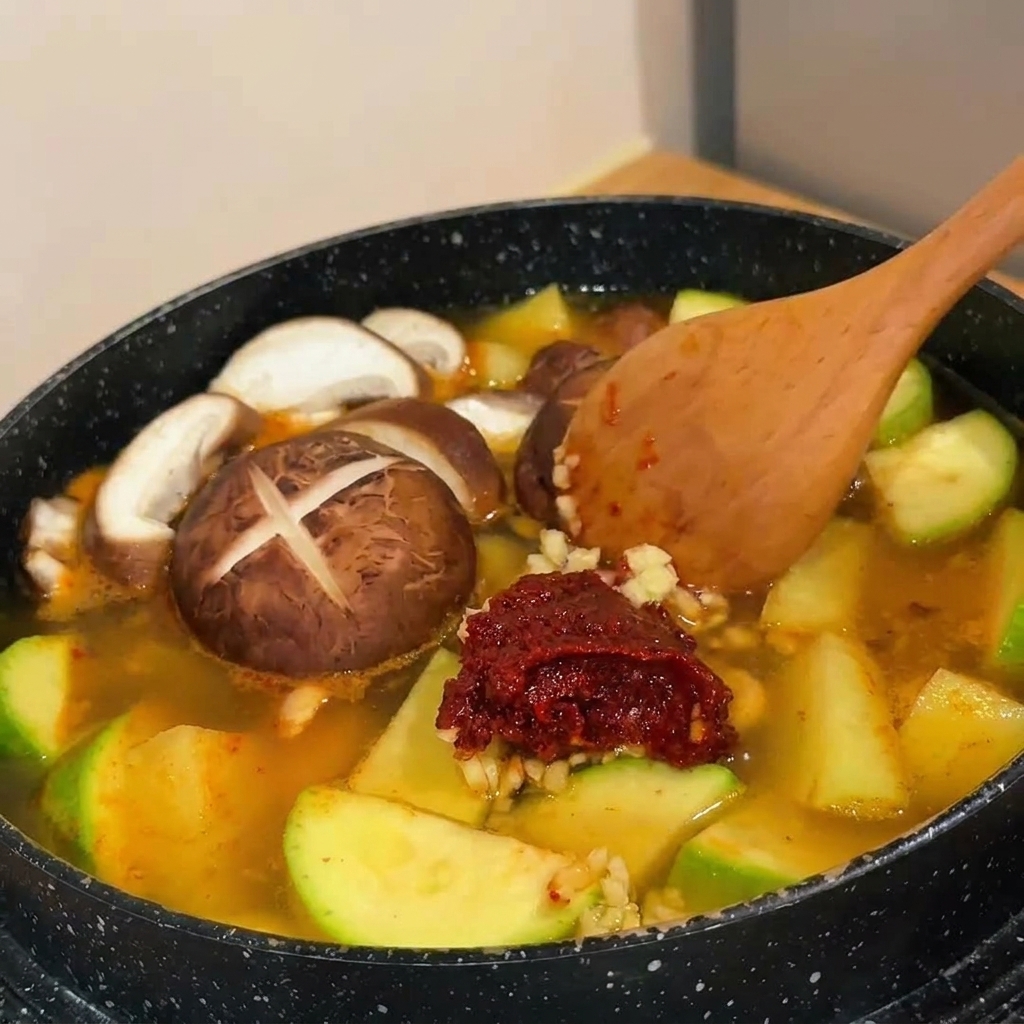 Eine tiefrote Chilipaste wird mit einem Holzlöffel in den köchelnden Gemüseeintopf eingerührt.