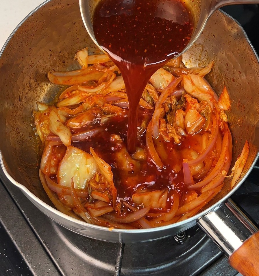 Rote Chilisauce wird in einen Topf mit gebratenem Kimchi und Zwiebeln gegossen.