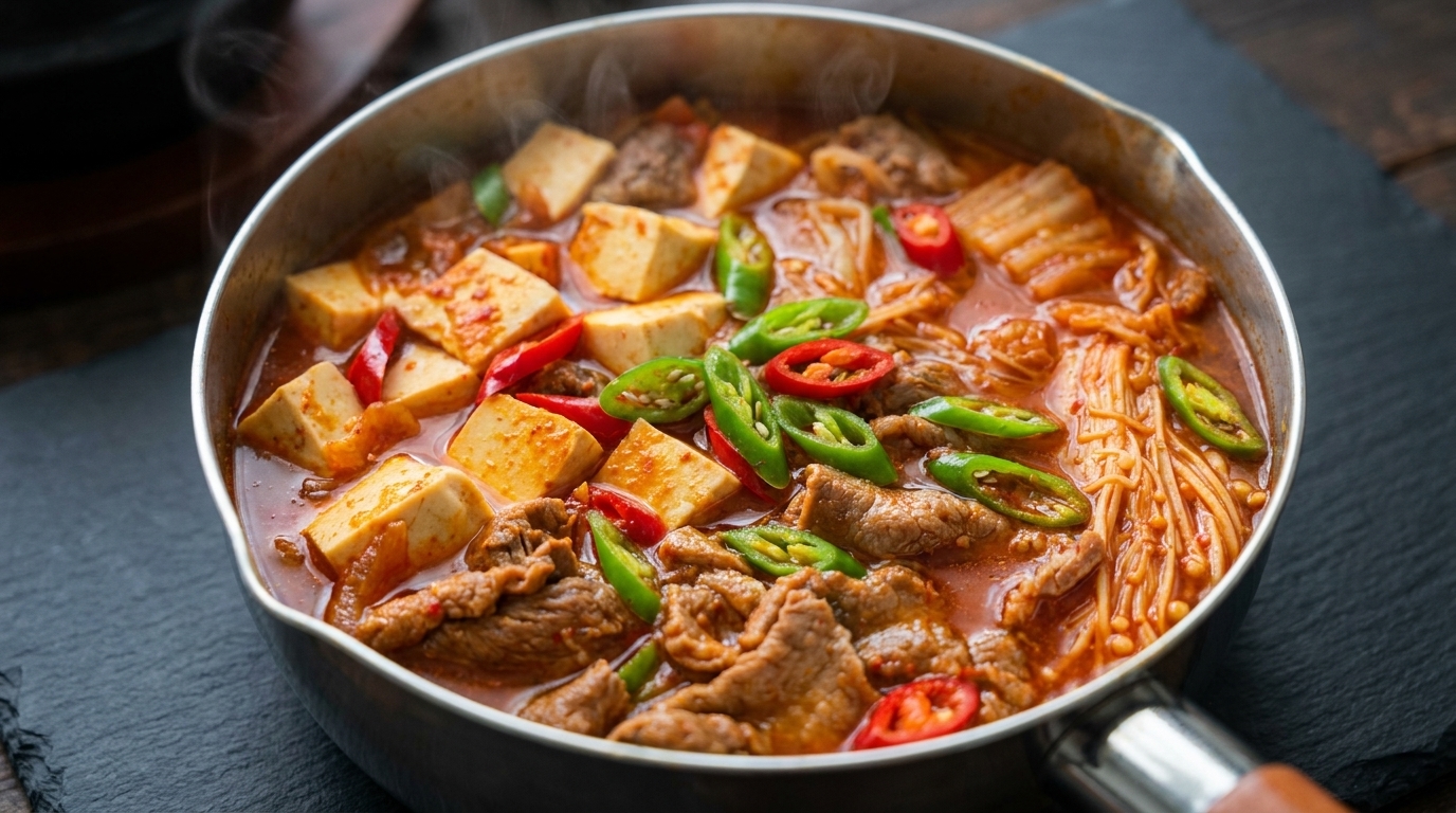 Koreanische Kimchi-Suppe mit Rindfleisch und Tofu (Kimchi-jjigae)