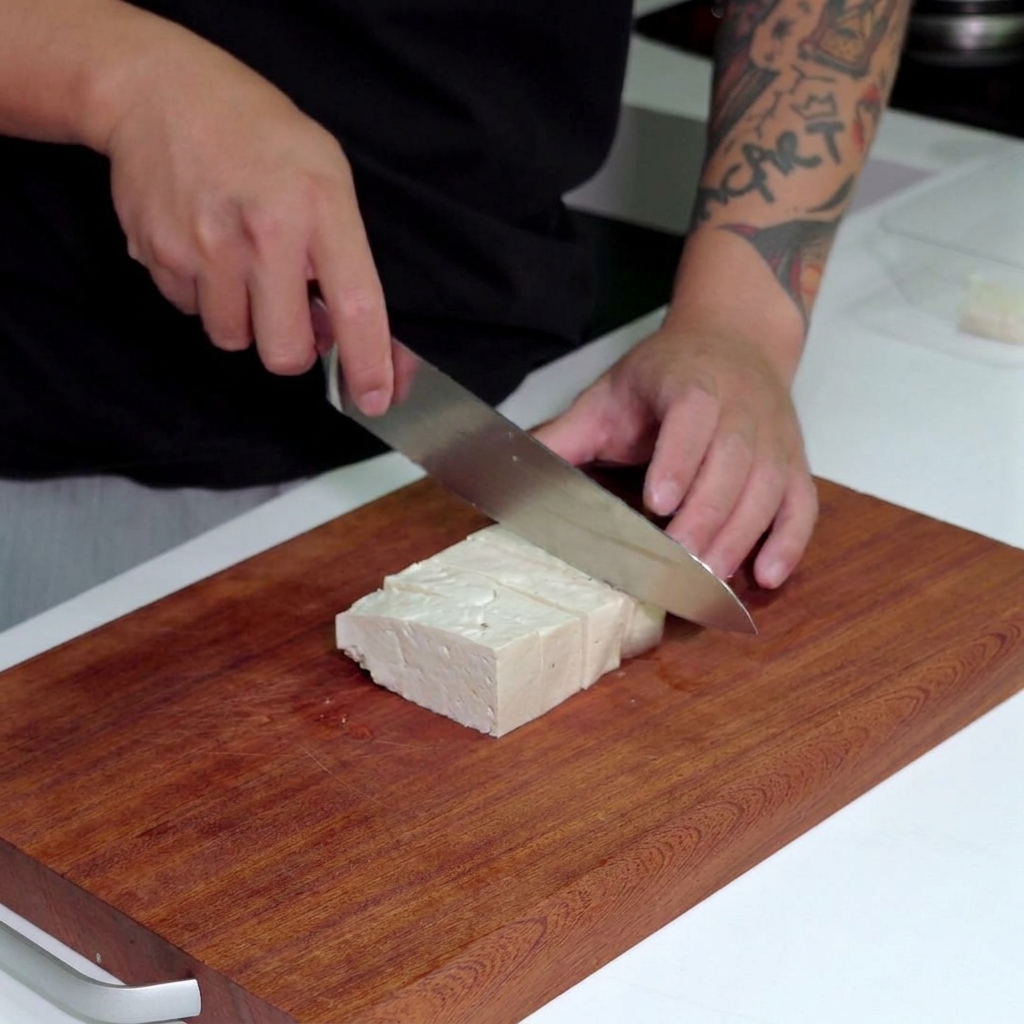 Ein Küchenmesser schneidet einen Block weißen Tofu in gleichmäßige Quadrate.