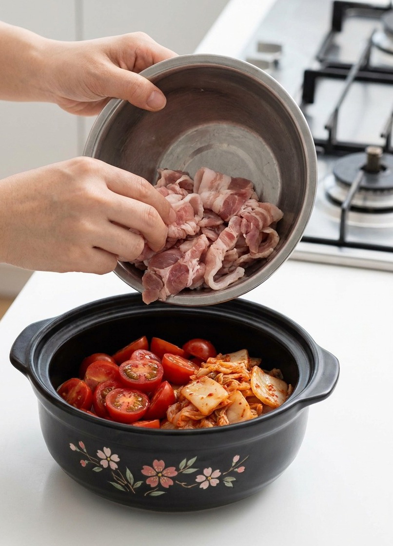 Roher Schweinebauch wird aus einer Edelstahlschüssel in den Keramiktopf gegeben.