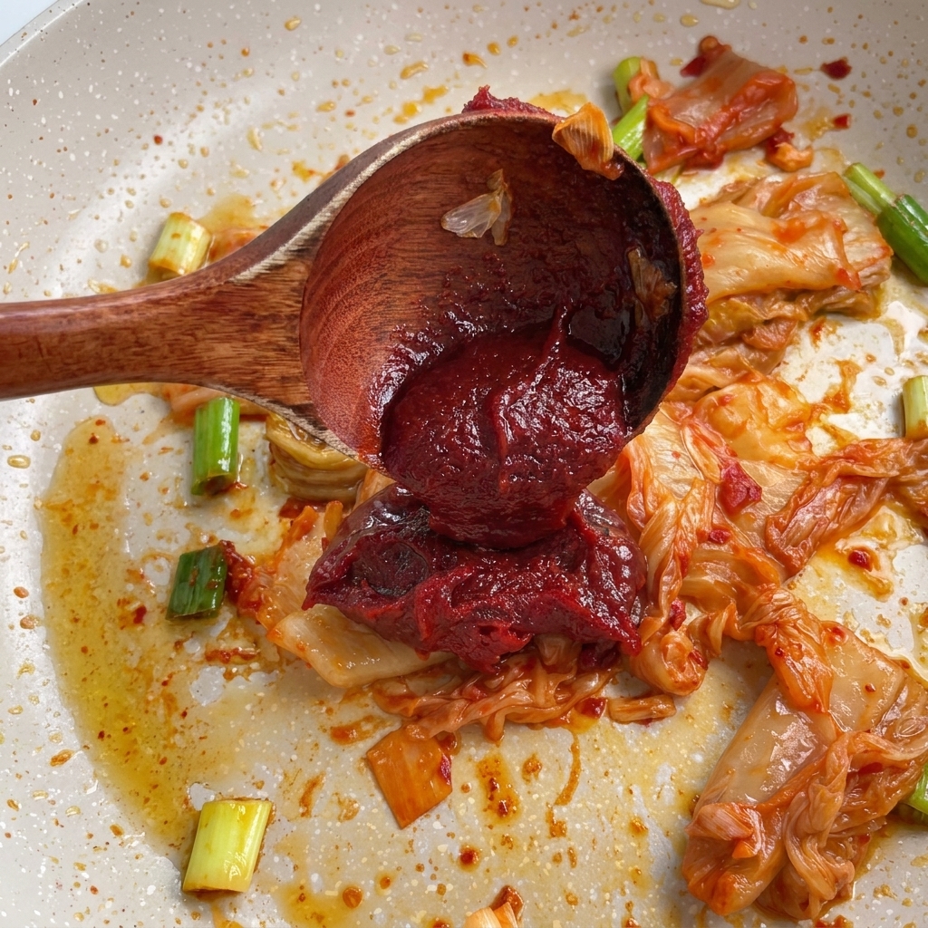 Ein Holzlöffel gibt einen Klecks dicke rote Gochujang-Paste auf das Kimchi in der Pfanne.