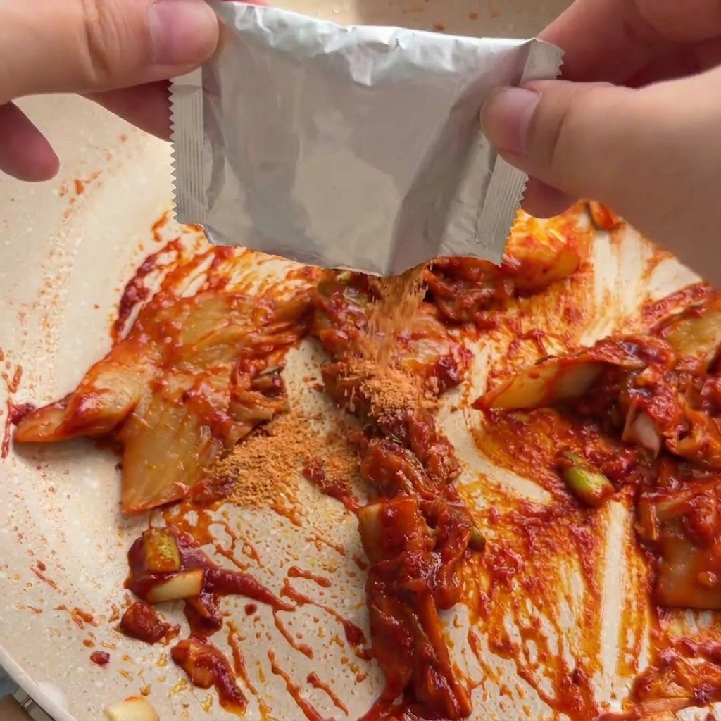 Gewürzpulver wird aus einem silbernen Beutel über die rote Kimchi-Mischung in der Pfanne gestreut.