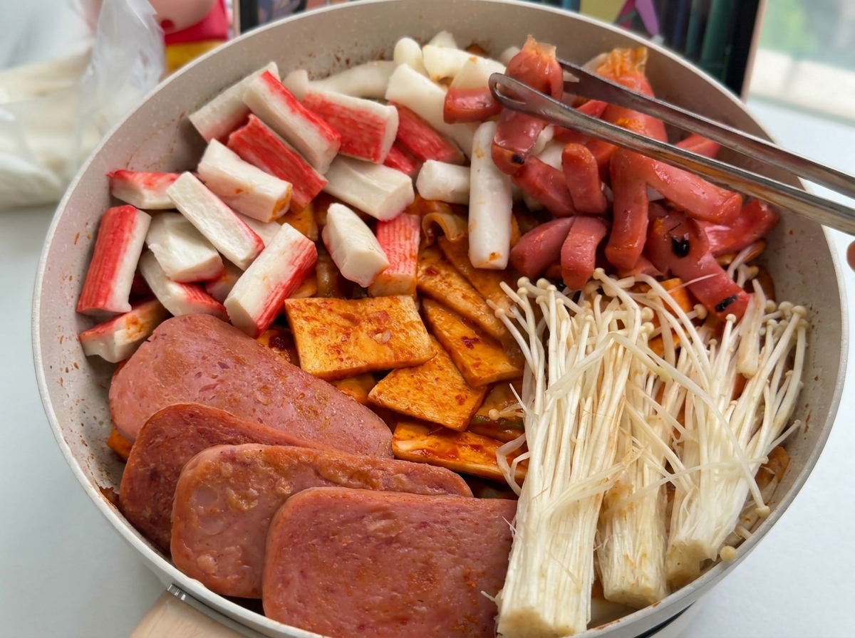 Verschiedene Zutaten wie Fleisch, Surimi und Enoki-Pilze sind ordentlich in Gruppen in einem Topf angeordnet.