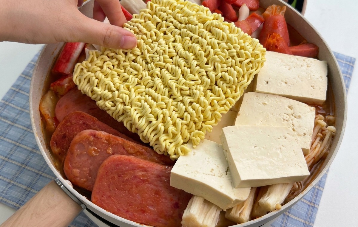 Eine Hand legt einen Block trockene Ramen-Nudeln auf die restlichen Zutaten im Kochtopf.